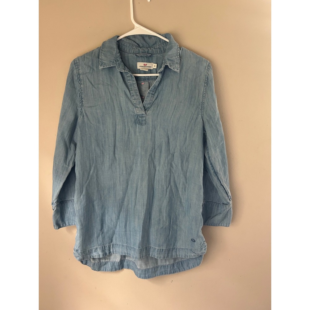Vineyard‎ Vines Womens Tunic Top XS Chambray Shirt 3/4 Sleeve Western Coastal